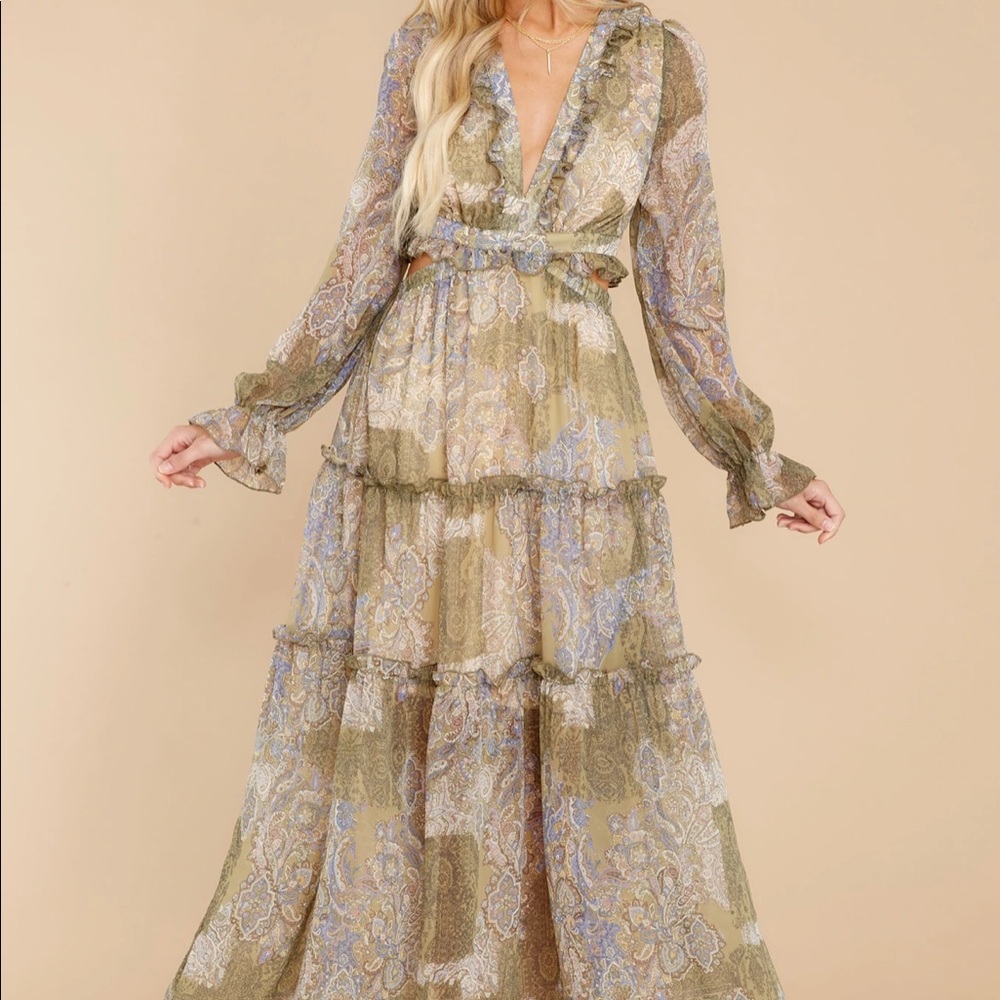 Flawless Fortune Olive Multi Print Maxi dress